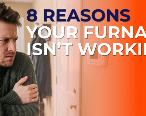 Cold, frustrated homeowner in a sweater shivering in a hallway near a thermostat, with the title "8 Reasons Your Furnace Isn't Working"