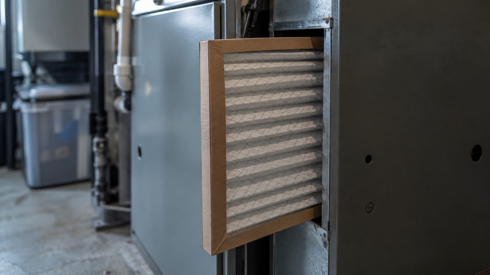 Clean pleated furnace filter sliding into the filter slot of a residential gas furnace